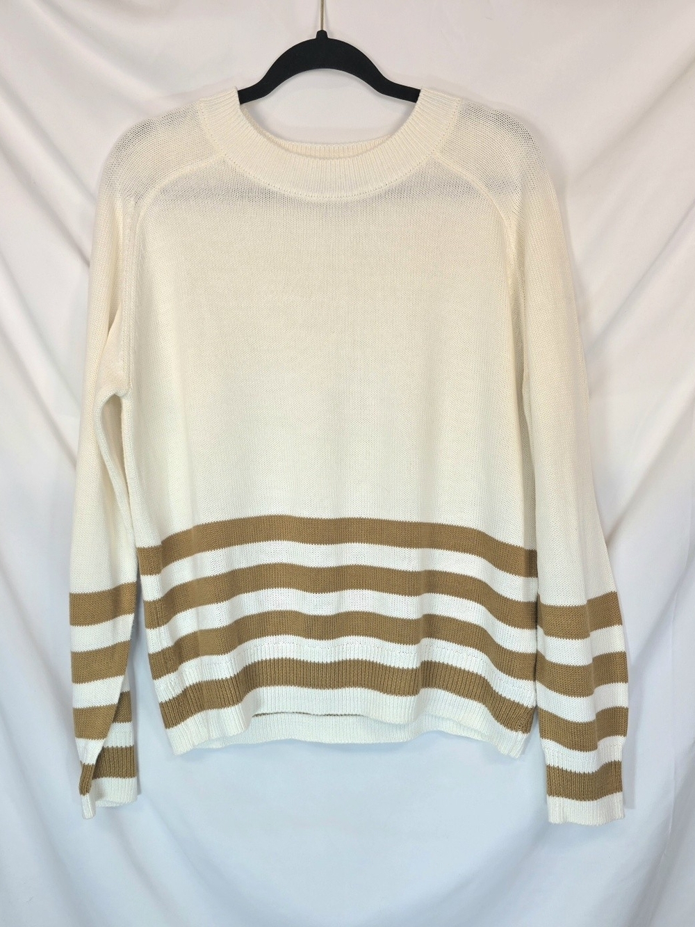 Liz Claiborne Womens Striped Sweater L Cream Tan Knit Coastal Chic Parisian Cozy